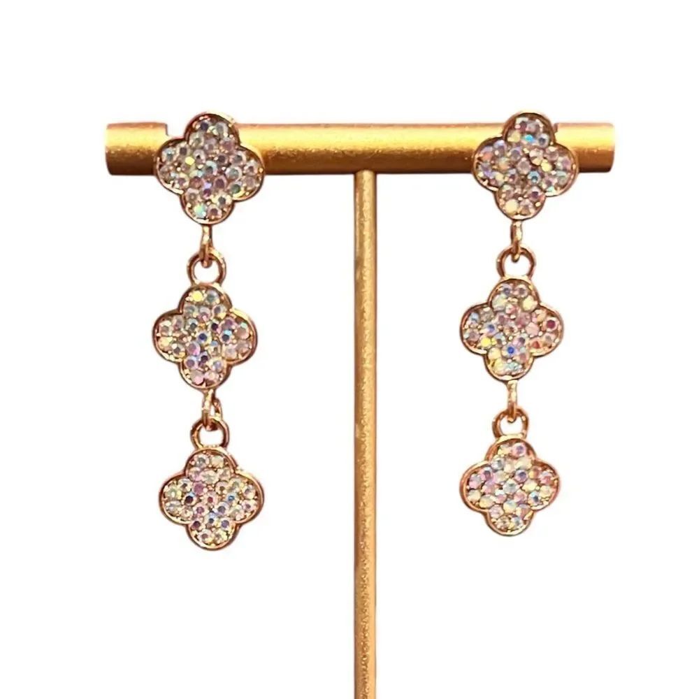 💎2/$30💎 Elegant Iridescent Crystal Triple Clover Alhambra Gold Dangle Earrings